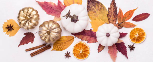 istock Multicolored leaves, pumpkins and spices. Creative autumn layout 1149704548