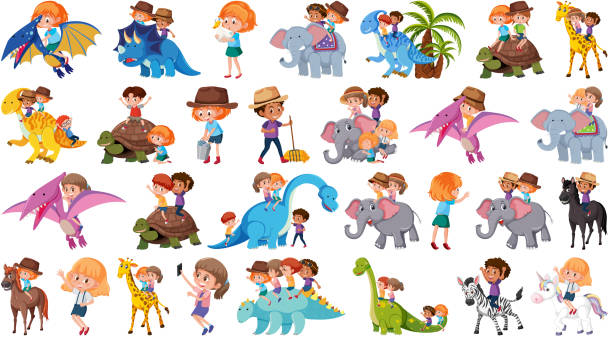 illustrazioni stock, clip art, cartoni animati e icone di tendenza di set di bambini che cavalcano animali - stegosauro