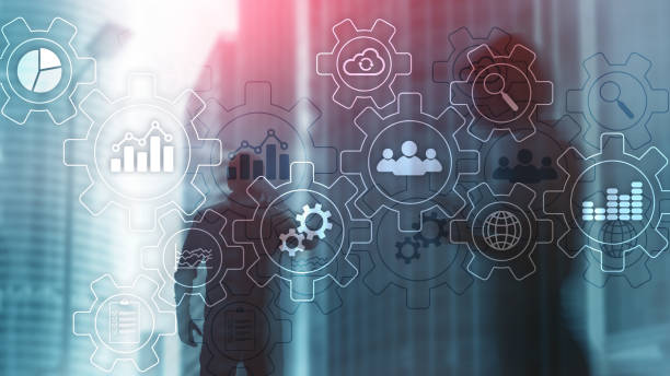 istock Business process abstract diagram with gears and icons. Workflow and automation technology concept 1149705564