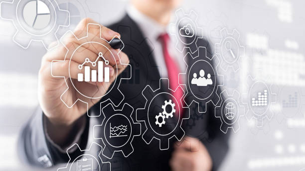 istock Business process abstract diagram with gears and icons. Workflow and automation technology concept 1149705632