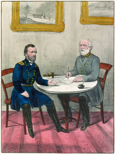 generał konfederatów robert e. lee poddaje się - symbol president ulysses s grant usa stock illustrations