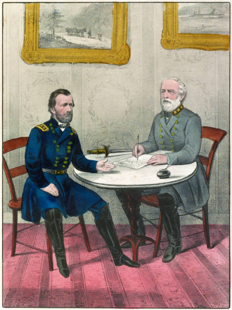 Confederate General Robert E. Lee Surrenders Vintage illustration depicts the surrender of Confederate General Robert E. Lee to Union General Ulysses S. Grant in Appomattox Court House, Virginia on April 9, 1865. the general lee stock illustrations