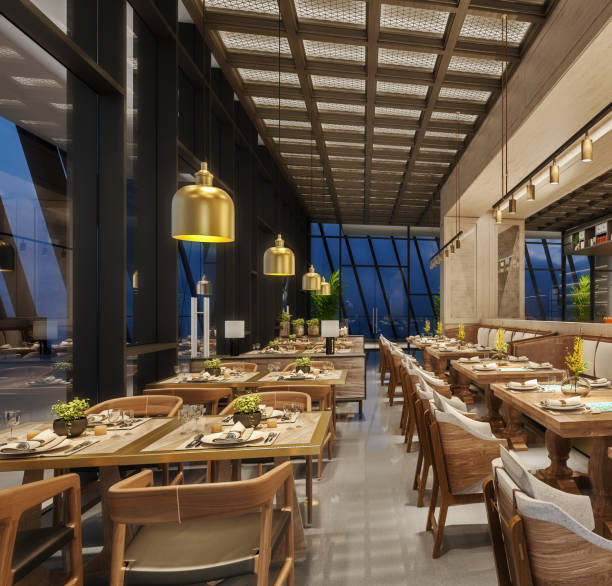 istock Modern interior design of restaurant lounge, oriental arabic style with wire mesh ceiling and hidden lights,  wood and bronze gold colors, 3d rendering 1149712054