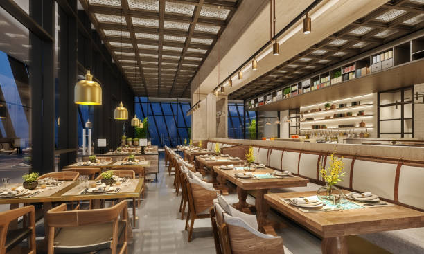 istock Modern interior design of restaurant lounge, oriental arabic style with wire mesh ceiling and hidden lights,  wood and bronze gold colors, 3d rendering 1149712056