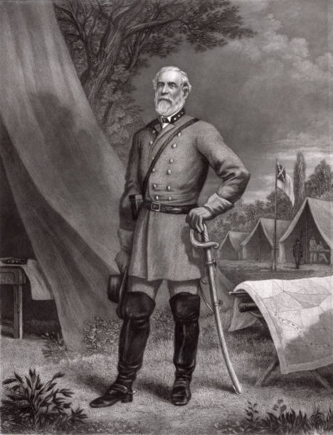 Portrait of Confederate General Robert E. Lee Full length vintage portrait of Confederate General Robert E. Lee standing in camp during the American Civil War. the general lee stock illustrations