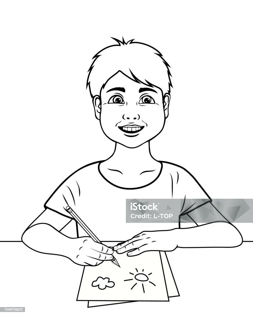 Coloring page outline of cartoon boy. Coloring book for kids. boy in class. Daily routine. Vector illustration Boys stock vector