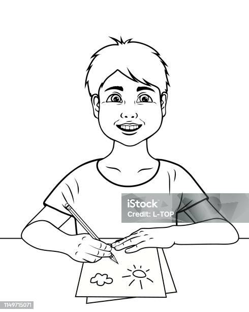 Coloring Page Outline Of Cartoon Boy Coloring Book For Kids Boy In Class Daily Routine Vector Illustration Stock Illustration - Download Image Now