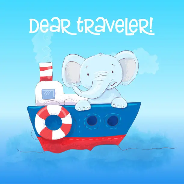 Vector illustration of Poster cute little elefant floats on a boat. Cartoon style. Vector