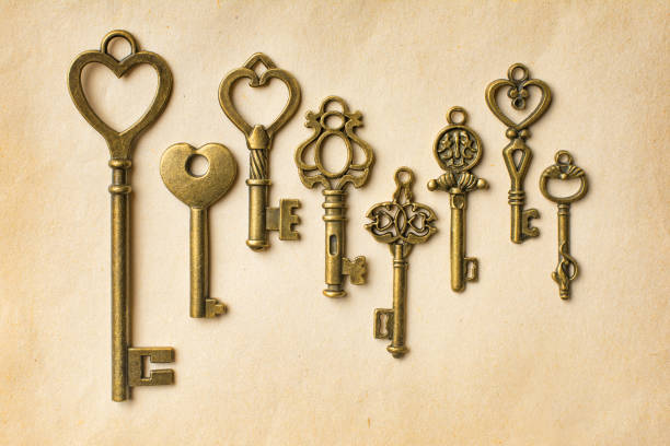 Old set of five old keys, white background with copy space, full frame horizontal composition