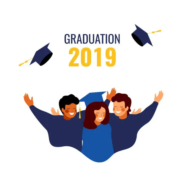 Vector illustration of Students in blue gowns throwing mortar boards up in the air