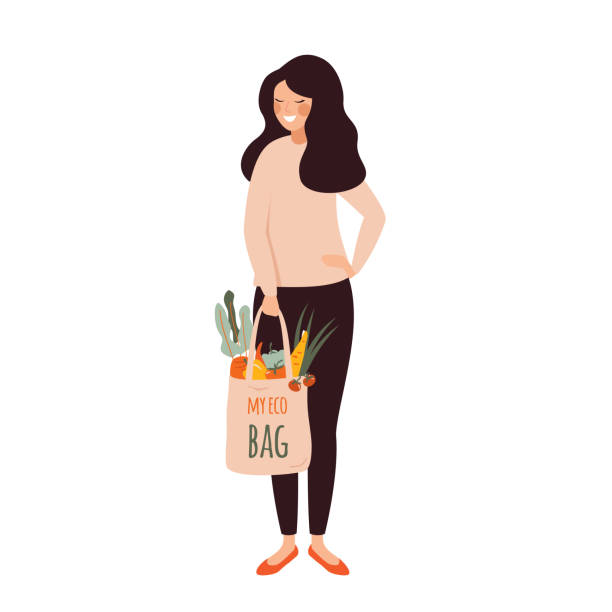 illustrations, cliparts, dessins animés et icônes de la jeune femme tient le sac en coton eco plein de légumes frais dans ses mains - tote bag