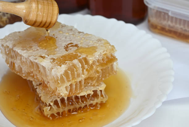 istock Closeup Honeycomb and honey dripping on white plate. 1149719444
