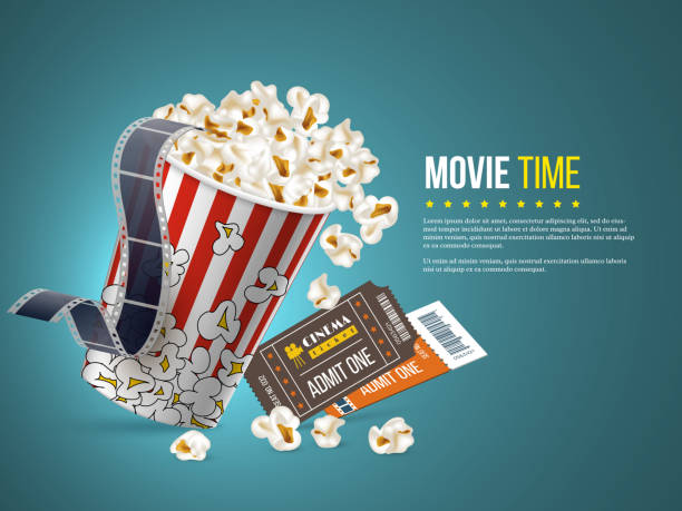 Cinema and movie poster design. Cinema and movie poster design. 3d realistic popcorn, film tape and tickets on blue background. Vector template for ad, banner, presentation. yellow tape audio stock illustrations