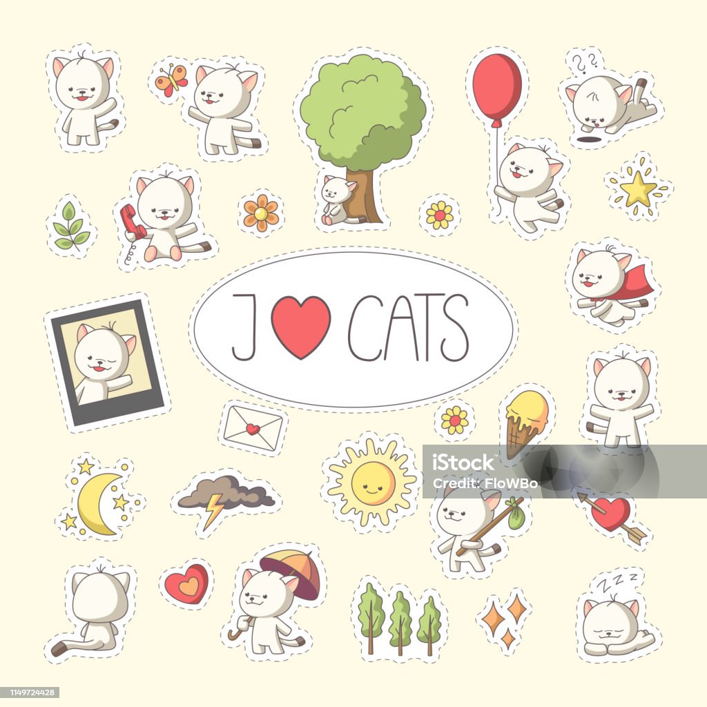 Cat Sticker Set Cat sticker with ice, hearts, sun, moon, clouds and moore. Set of cute cartoon characters. Vector collection for stickers, patches, badges, pins. Hand drawn style doodle. Animal stock vector