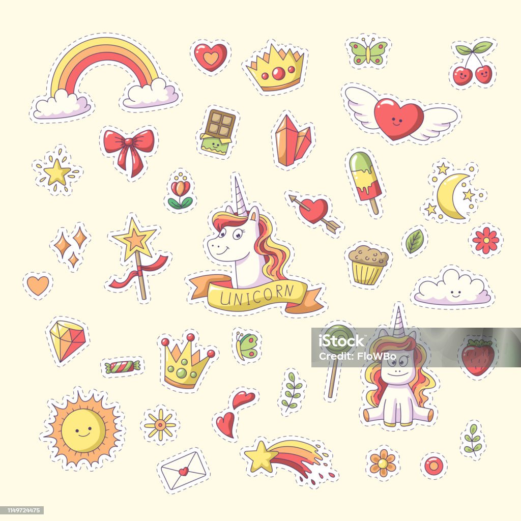 Unicorn Sticker Set Unicorn Sticker with heart, clouds, rainbow, sun, moon and more. Set of cute cartoon characters. Vector collection for stickers, patches, badges, pins. Hand drawn style doodle. Animal stock vector