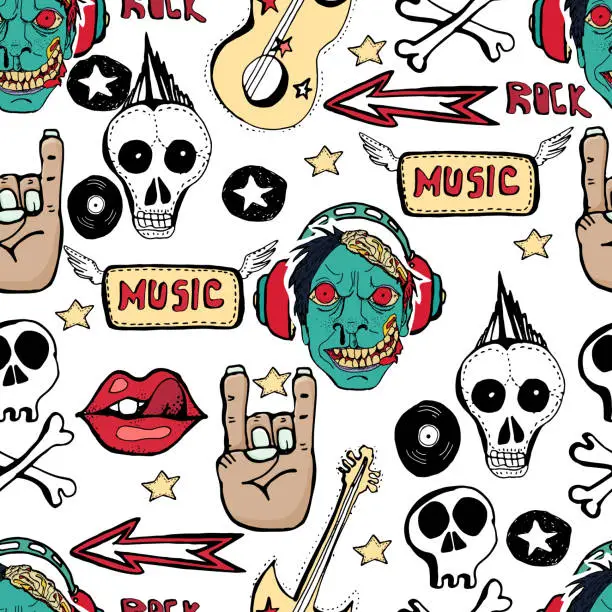 Vector illustration of Modern seamless pattern with skulls, rock-music symbols, stars, lips, punk rock attributes.