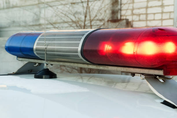 istock Police blue and red lamp flashing spinning 1149724958