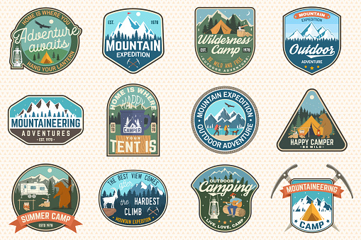 Set of mountain expedition and summer camp patches. Vector Concept for shirt or print, stamp, badge or tee. Vintage typography design with forest camp, mountains expedition. Outdoors adventure emblems
