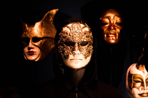 istock Collection of different Venetian Masks on black background 1149727596
