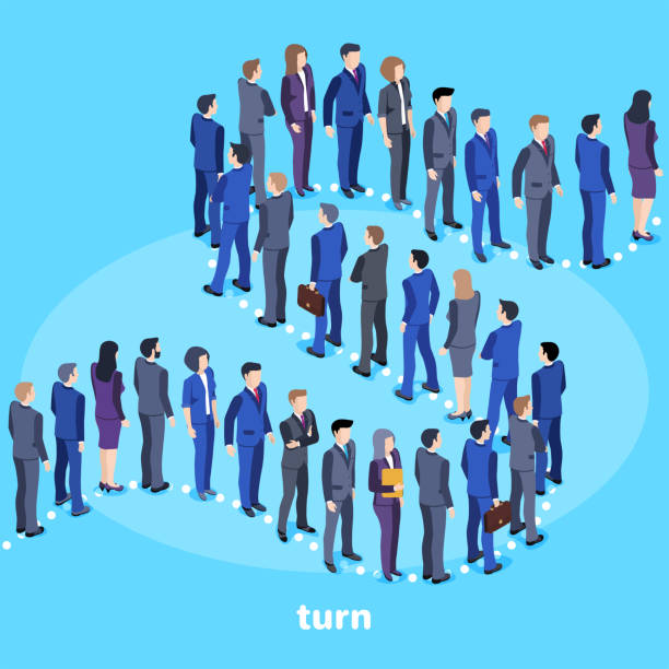 turn isometric vector image on a blue background, people in business suits are standing in a long line, waiting for work follow up stock illustrations