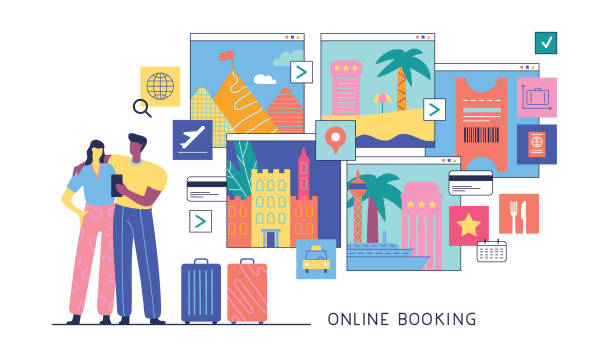 rezerwacja online - women travel tourist suitcase stock illustrations