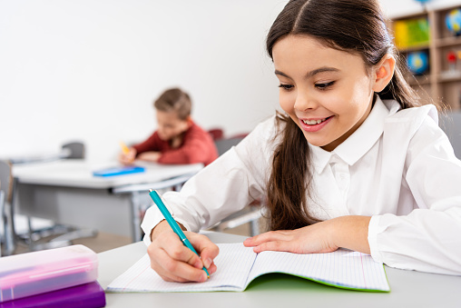 Smiling schoolgirl writing in notebook during lesson in classroom