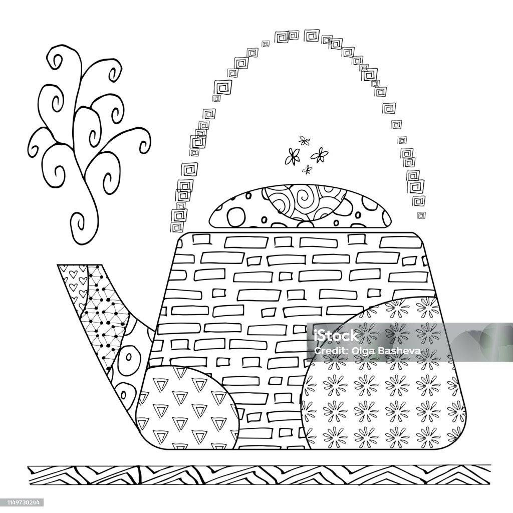 teapot for adult antistress coloring book on white background.   art vector illustration. Coloring Book Page - Illlustration Technique stock illustration