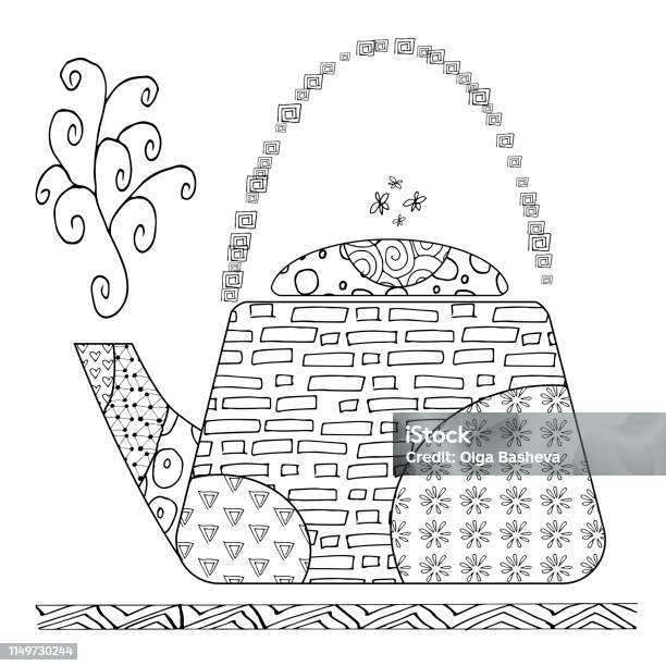 Teapot For Adult Antistress Coloring Book On White Background Art Vector Illustration Stock Illustration - Download Image Now