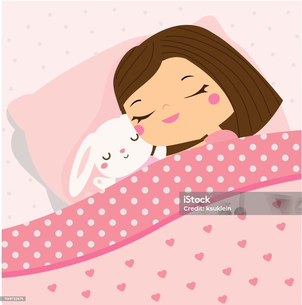Cute Girl Sleeping With Bunny Toy Cartoon Kid In Bed Having Sweet Dreams  Baby Bedtime Stock Illustration - Download Image Now - iStock