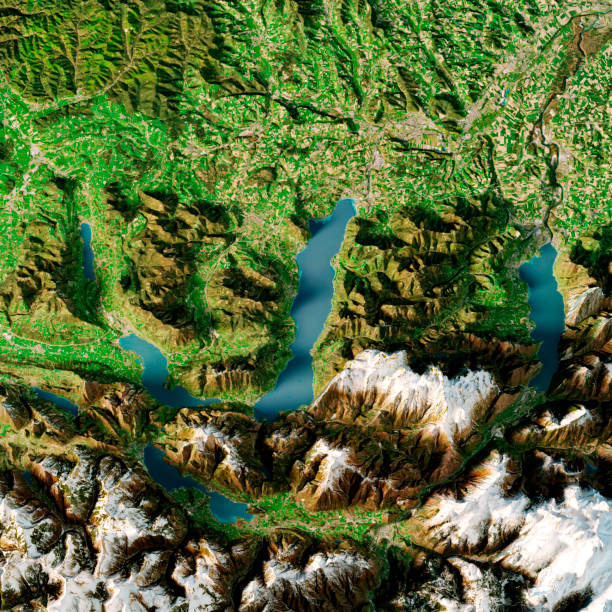 attersee austria 3d renderizar mapa topográfico de verano vista superior - austria map topography satellite view fotografías e imágenes de stock