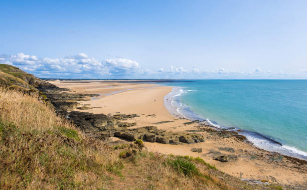 costa rocosa y playa en el cabo carteret. normandía, francia - headland fotografías e imágenes de stock