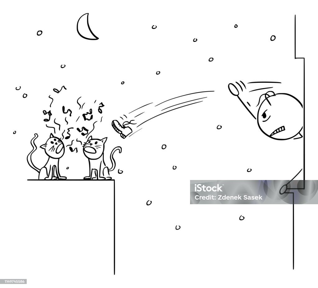 Vector Cartoon of Cats Screaming at Night and Woken Angry Man Throwing Shoe from the Window Vector cartoon stick figure drawing conceptual illustration of two cats screaming at night and angry woken man who can't sleep is throwing shoe from the window. Adult stock vector