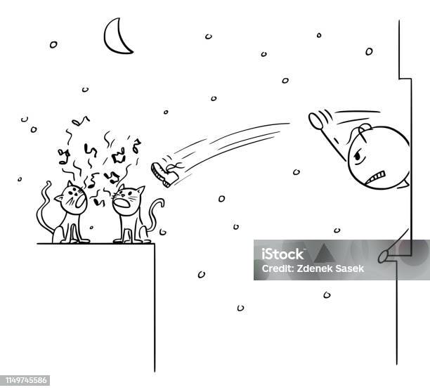 Vector Cartoon Of Cats Screaming At Night And Woken Angry Man Throwing Shoe From The Window Stock Illustration - Download Image Now