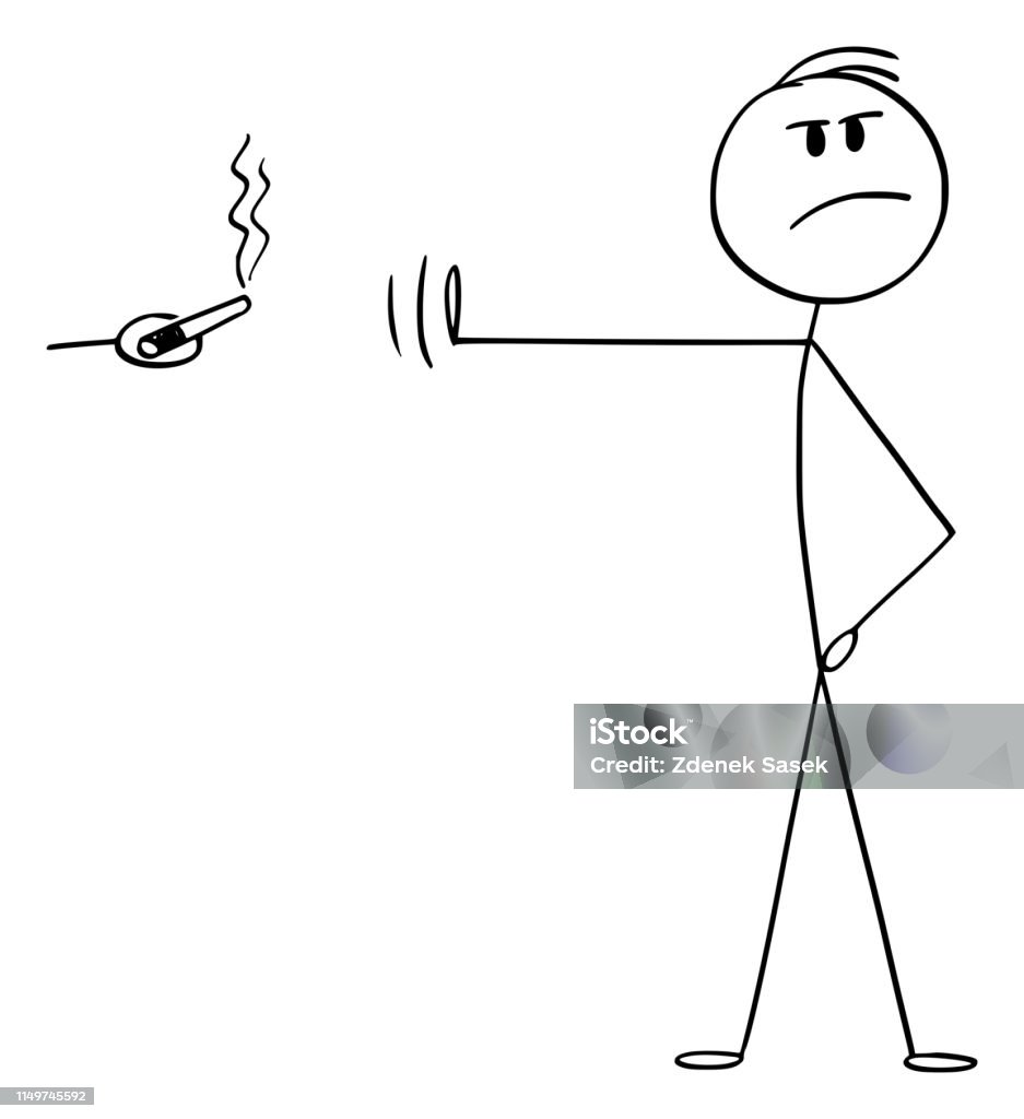 Vector Cartoon of High-principled or Principled Man Rejecting Smoking Cigarette or Cigar Vector cartoon stick figure drawing conceptual illustration of principled or high-principled man rejecting smoking cigar or cigarette with hand gesture and pose. Just Say No stock vector