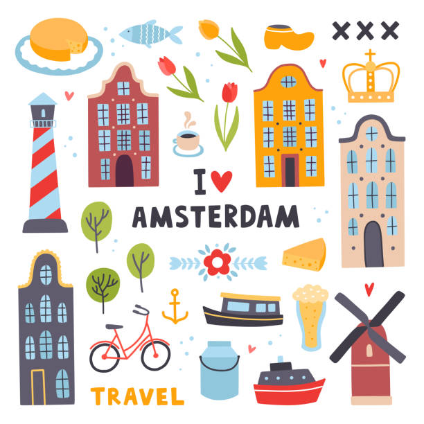 амстердам путешествия иллюстрации на белом фоне. посетите амстердам милые значки вектора и элементы - amsterdam stock illustrations