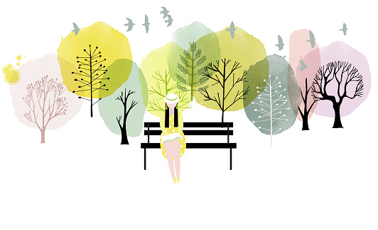 Watercolor vector spring background with people