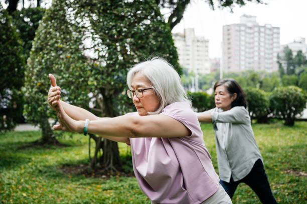 istock Senior Taiwanese Lady Performing Tai Chi In Park 1149747852