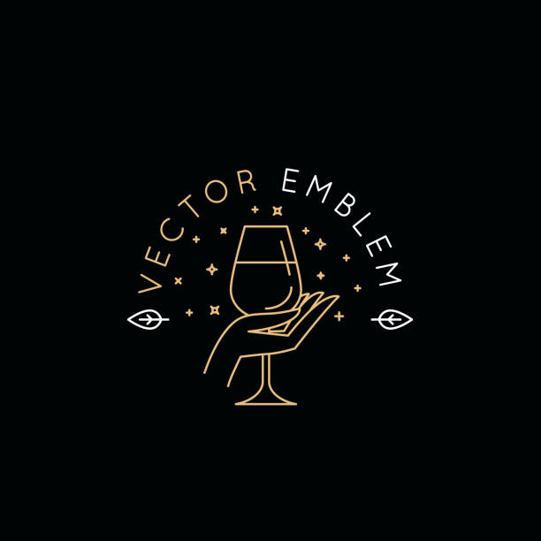 Vector logo design templat and emblem in simple line style - wine label Vector logo design templat and emblem in simple line style - wine label design element and wine restaurant and bar - hand holding glass wine tasting stock illustrations