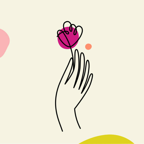 ilustraciones, imágenes clip art, dibujos animados e iconos de stock de ilustración vectorial en estilo lineal mínimo-mano con flor - hand holding flowers