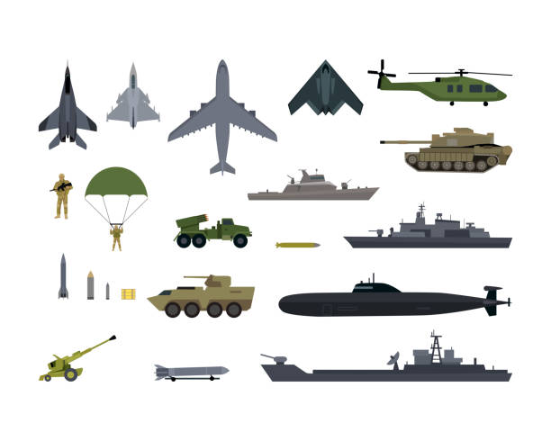 Military Resources Army Icons Set. War Ammunition Military resources army icons set. War and ammunition, trunk airplane vehicle submarine army and bullet, ammo weapon, inventory gun, rocket and bazooka, automatic and launch, war ship. Vector armored tank stock illustrations