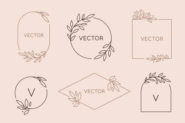 vektor-logo-design-vorlage und monogramm-konzept im trendigen linearen stil-blumenrahmen mit kopierplatz für text oder buchstaben - blumen stock-grafiken, -clipart, -cartoons und -symbole