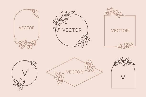 벡터 로고 디자인 서식 파일 및 유행 선형 스타일의 모노 그램 개념-텍스트 또는 문자에 대 한 복사 공간을 가진 꽃 프레임 - 꽃무늬 stock illustrations