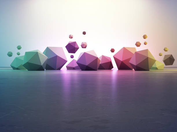 Rainbow geometric shapes on gray concrete floor with gradient wall background in hall or modern showroom.