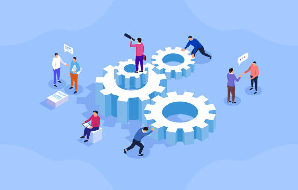 Teamwork makes gears work The team pushes the connected gear to make it run professional runner stock illustrations