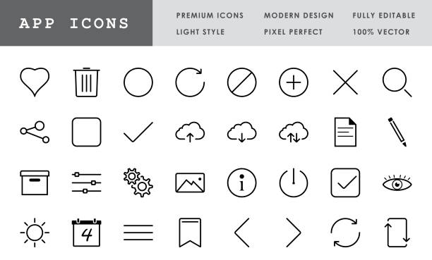 ilustrações de stock, clip art, desenhos animados e ícones de app icon collection - 32 pixel perfect vector icons - check mark symbol computer icon interface icons