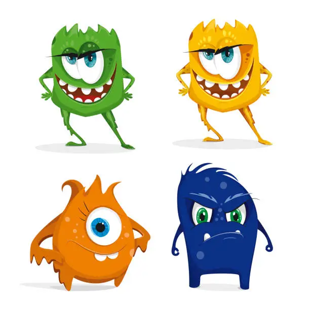 Vector illustration of Set of Cartoon  colorful monsters with toothbrush. Bacteria with large eye, teeth, hands, feet. Microorganism on a white background.