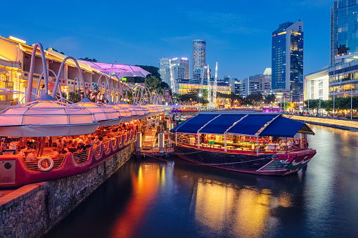 Evening at Clarke Quay, a historical quay popular for its nightlife with many restaurants and pubs.