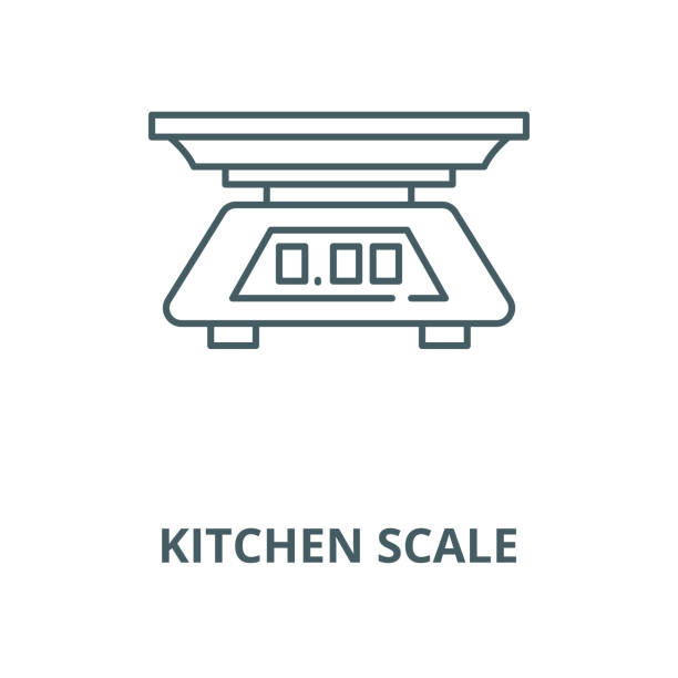 ilustrações, clipart, desenhos animados e ícones de linha ícone da escala da cozinha, conceito linear, sinal do esboço, símbolo - gauge white kilogram black