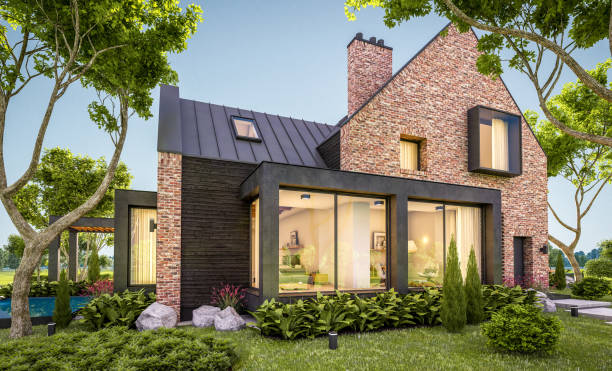 istock 3d rendering of modern clinker house on the ponds with pool in evening 1149757701