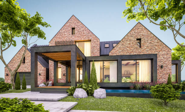 istock 3d rendering of modern clinker house on the ponds with pool in evening 1149757727